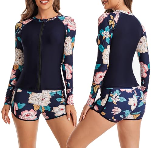 SaiDuoDuo Damen Zweiteilige Rash Guard Langarm Badeanzüge UV-Schutz Frontreißverschluss Badeanzug Bademode,Blau,XXL von SaiDuoDuo