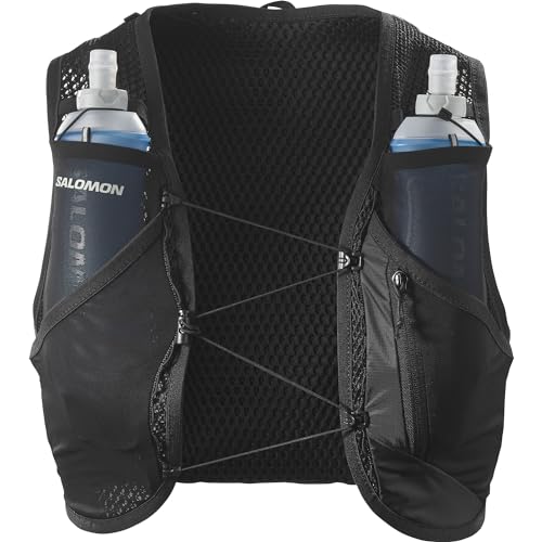 Salomon Active Skin 8 Unisex Hydrationsweste Trail running Wandern MTB mit Hydrationsflaschen, Einfache Flüssigkeitszufuhr, Präzise Passform, Optimierte Verstaumöglichkeiten, Schwarz, XS von Salomon