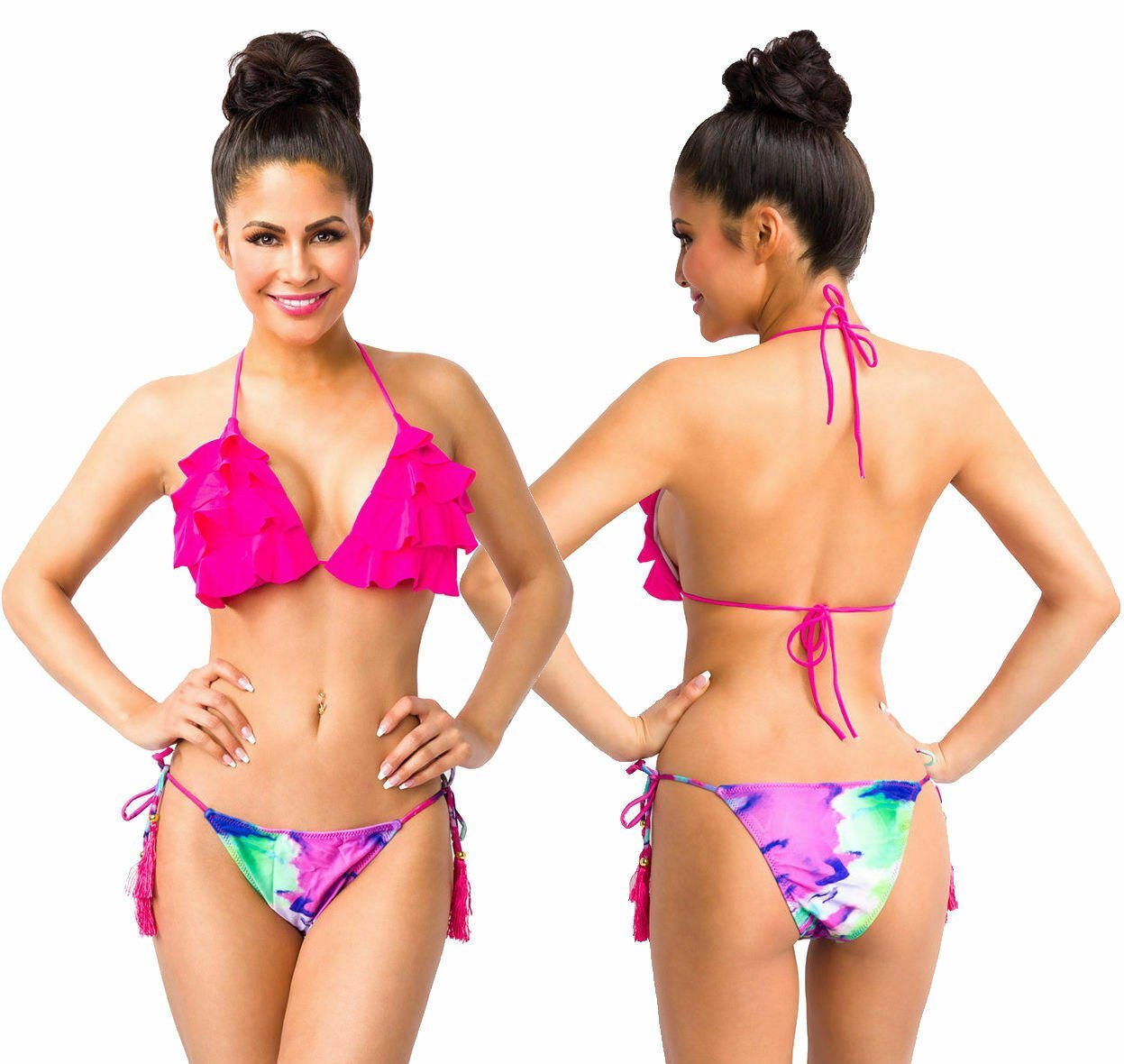 Samegame Triangel-Bikini Triangel Bikini Set Neckholder Bikini Badeanzug gerüschtes-Top, Slip, in pink gemustert von Samegame