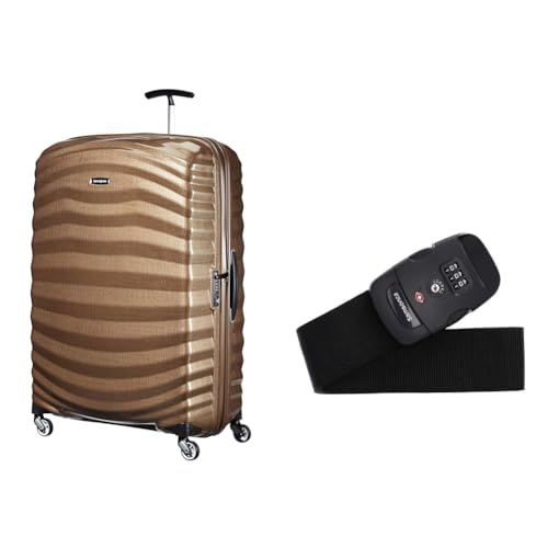 Samsonite Lite-Shock - Spinner XL Koffer, 81 cm, 124 L, 4 Rollen, Braun (Sand) & Global Travel Accessories - Gepäckgurt mit integrietem 3-Stelliges TSA Zahlenschloss, 190 cm, Schwarz (Black) von Samsonite