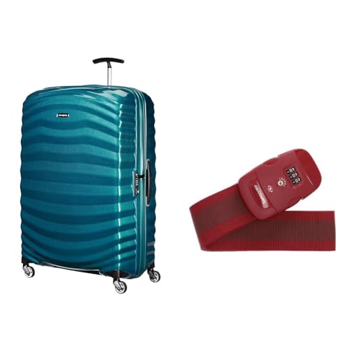 Samsonite Lite-Shock - Spinner XL Koffer, 81 cm, 124 L, mit 4 Rollen, Blau (Petrol Blue) & Global Travel Accessories - Gepäckgurt mit integrietem 3-Stelliges TSA Zahlenschloss, 190 cm, Rot (Red) von Samsonite