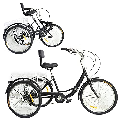 24 Zoll Klapprad Dreirad für Erwachsene Klappbar 7 Gang Tricycle Radfahren Sattel mit Rückenlehne, Einkaufskorb für Erwachsene und ältere Menschen Schwarz von SanBouSi