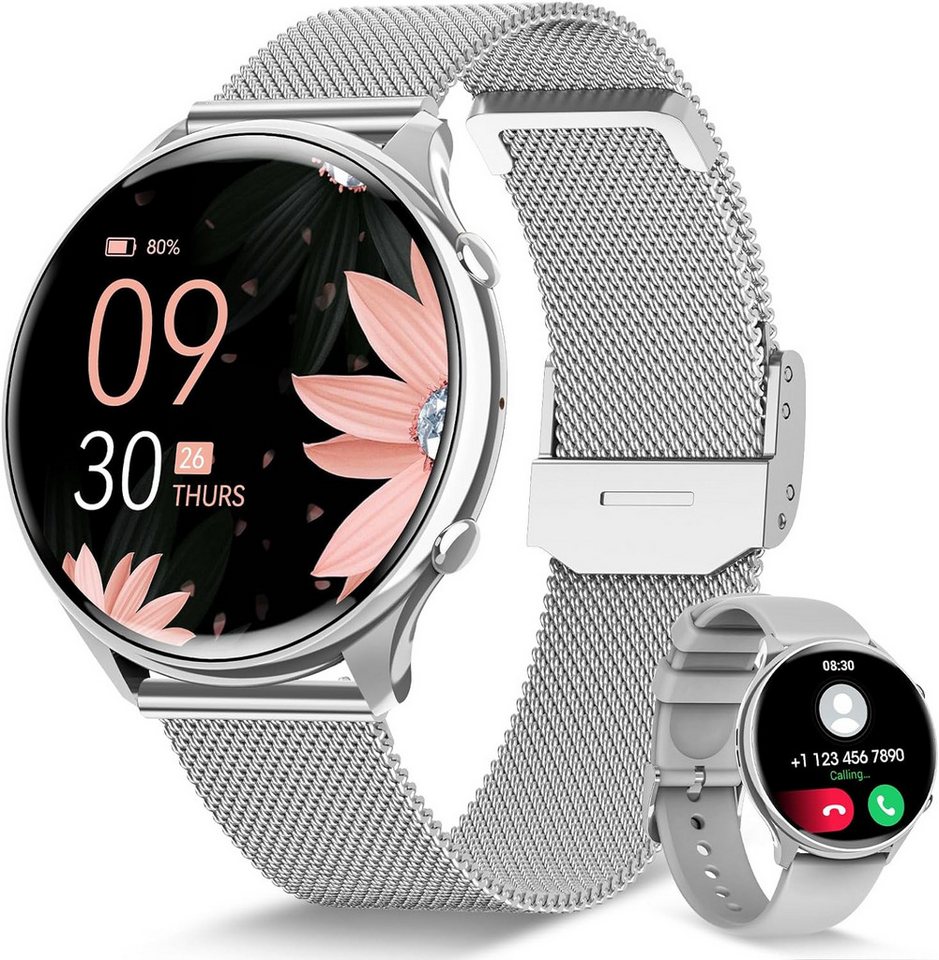 Sanorum Smartwatch Damen mit Telefonfunktion Smartwatch (3.53 cm/1,39 Zoll, HD Voll Touchscreen) Fitness Tracker mit 120 Sportmodi, SpO2 Pulsuhr Schlafmonitor Menstruationszyklus, Armbanduhr für iOS Android von Sanorum