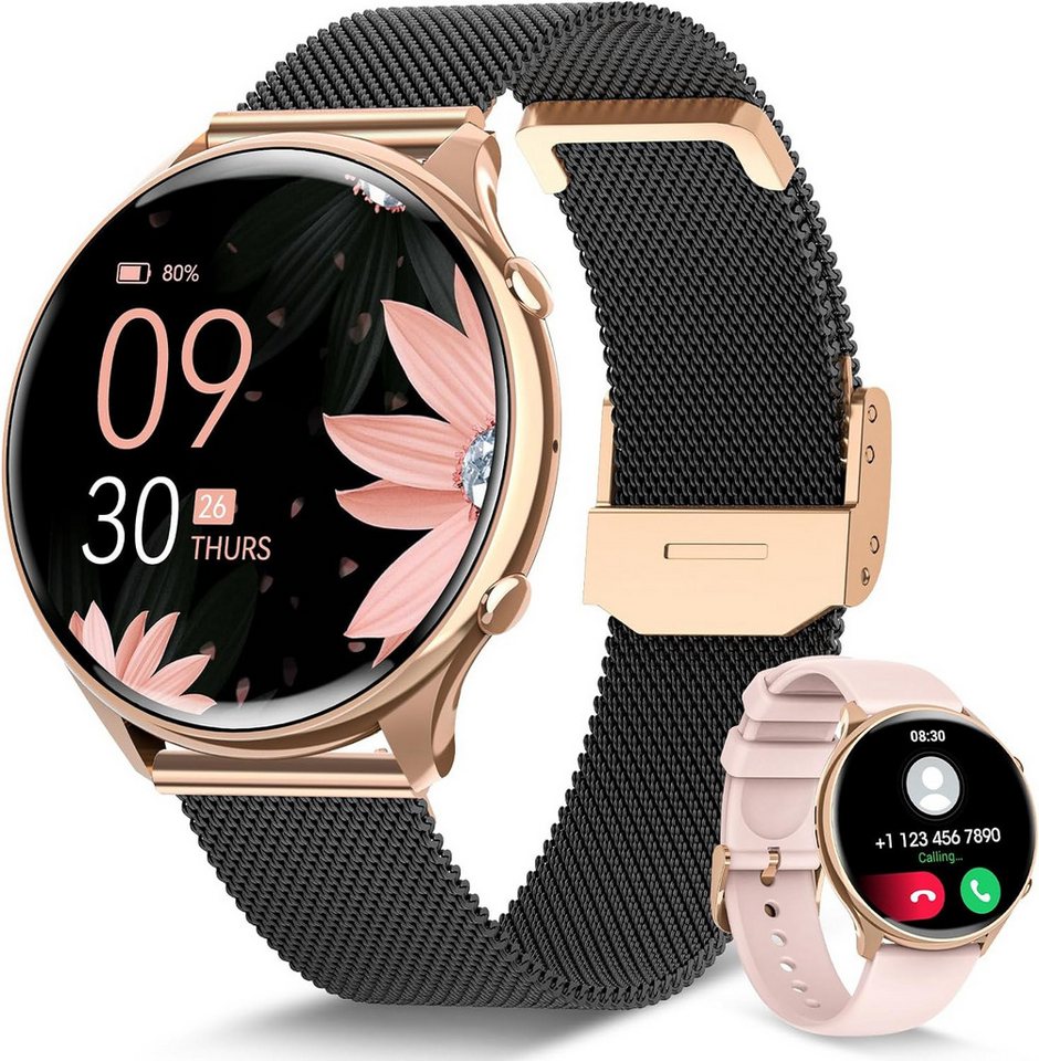 Sanorum Smartwatch Damen mit Telefonfunktion Smartwatch (3.53 cm/1,39 Zoll, HD Voll Touchscreen) Fitness Tracker mit 120 Sportmodi, SpO2 Pulsuhr Schlafmonitor Menstruationszyklus, Armbanduhr für iOS Android von Sanorum