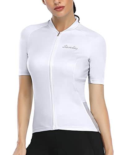 Santic Radtrikot Damen Kurzarm Fahrrad MTB Shirts Top Taschen Reißverschluss Atmungsaktiv Sommer weiß XL von Santic