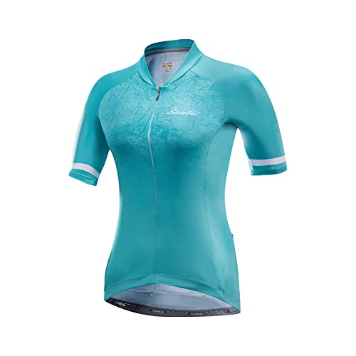 Santic Radtrikot Damen Kurzarm Fahrradtrikot Damen Fahrradshirt Radshirt Kurzarm Sommer mit Taschen Blau EU L von Santic