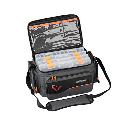 Savage Gear System Box Bag L (24x47x30cm) Tasche inkl. 4 Köderboxen, Angeltasche, Ködertasche zum Spinnfischen, Anglertasche inkl. Angelboxen, Tasche für Kunstköder von Savage Gear