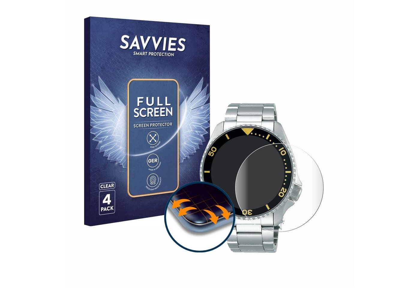 Savvies Full-Cover Schutzfolie für Seiko 5 Sports SRPD59K1, Displayschutzfolie, 4 Stück, 3D Curved klar von Savvies
