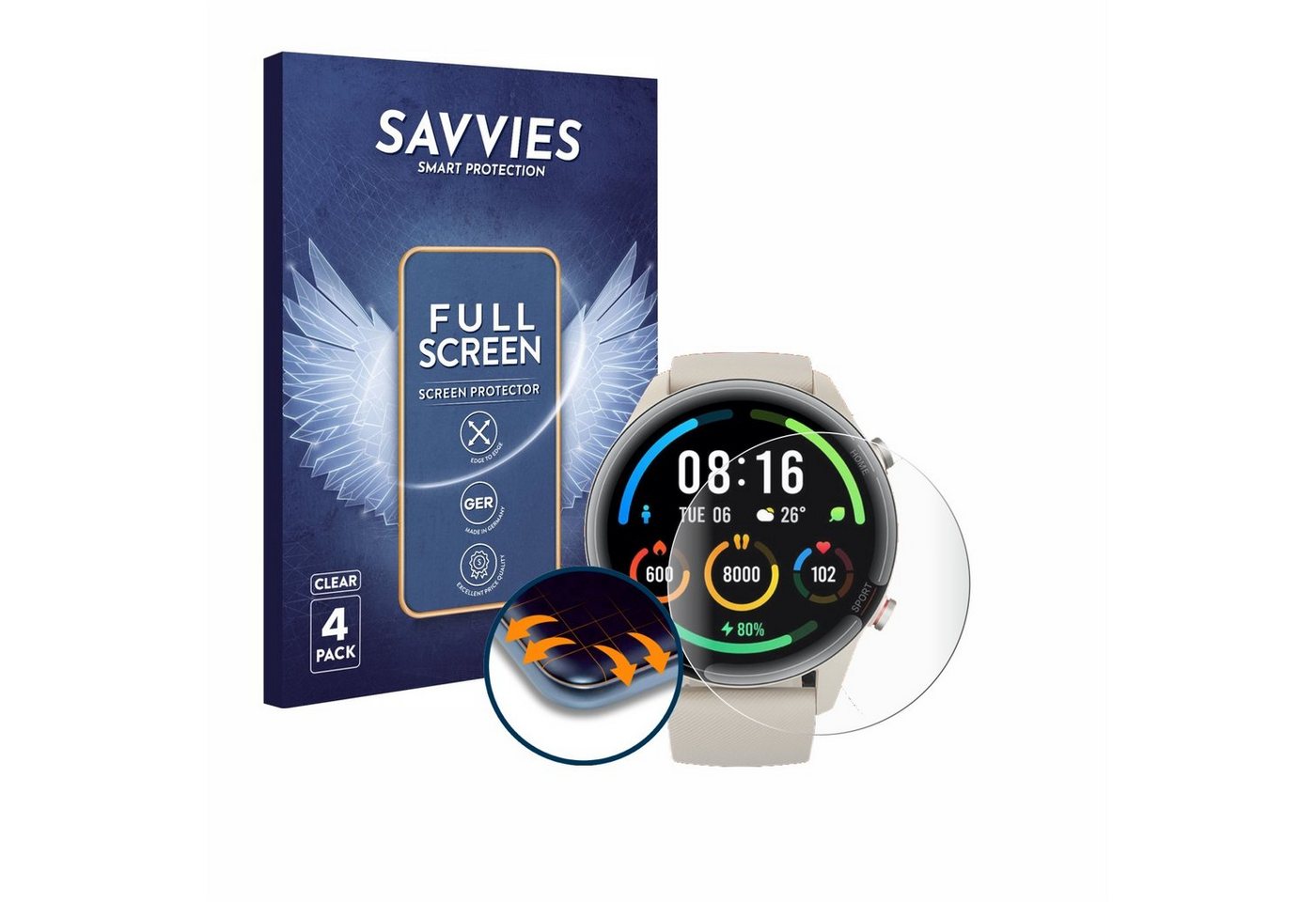Savvies Full-Cover Schutzfolie für Xiaomi Mi Watch Color Sports, Displayschutzfolie, 4 Stück, 3D Curved klar von Savvies