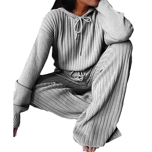 Sawmew 2 Stück Strickanzug Damen Langarm Gestrickt Oberteile Kapuzen Strickpullover mit Hosen Zweiteilige Pulli Anzug Jogginganzug Freizeitanzug Set Streetanzug (Color : Grey, Size : XL) von Sawmew
