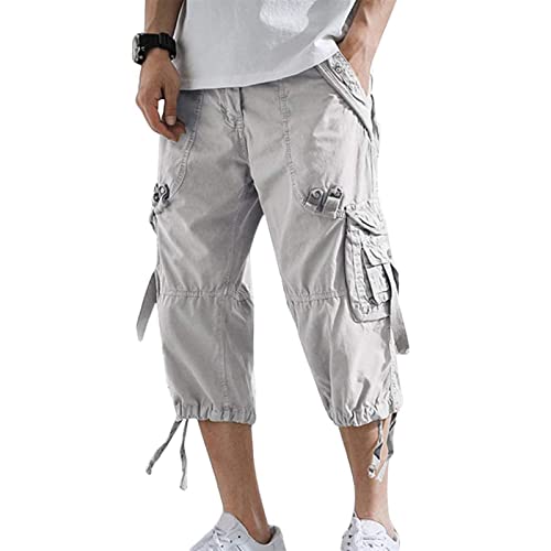 Sawmew 3/4 Hose Herren Cargo Shorts Männer Bermuda Shorts Multi Taschen Sommer Kurze Hose Baumwolle Arbeitshose Gummibund Lässig (Color : Grey, Size : M) von Sawmew