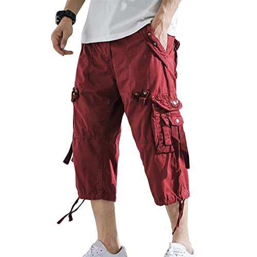Sawmew 3/4 Hose Herren Cargo Shorts Männer Bermuda Shorts Multi Taschen Sommer Kurze Hose Baumwolle Arbeitshose Gummibund Lässig (Color : Red, Size : 3XL) von Sawmew