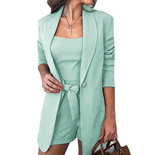 Sawmew 3 Teilige Outfits für Damen, Vorne Offener Langarm Blazer und Kurze Hosenanzug-Sets, Lässiges, Elegantes Business (Color : Green, Size : M) von Sawmew