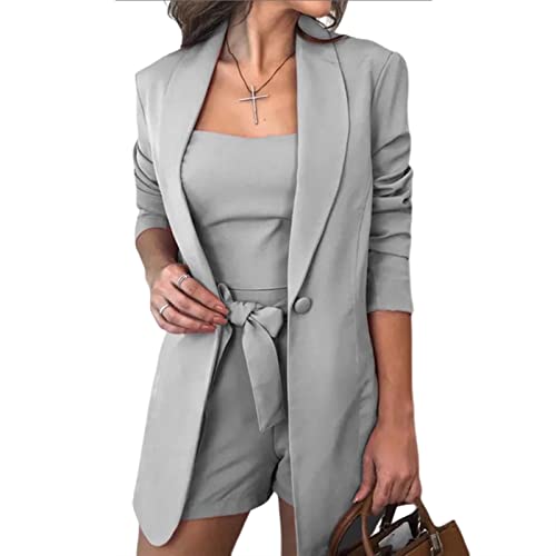 Sawmew 3 Teilige Outfits für Damen, Vorne Offener Langarm Blazer und Kurze Hosenanzug-Sets, Lässiges, Elegantes Business (Color : Light Gray, Size : S) von Sawmew