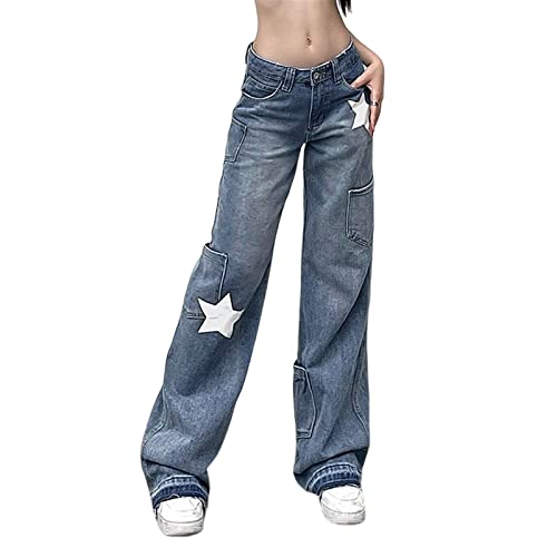 Sawmew Baggy Jeans Damen Y2K Low Waist Wide Leg Jeans Flared Jeanshosen Vintage Straight Denim Pants Y2K 90er E-Girl Streetwear (Color : Blue, Size : L) von Sawmew