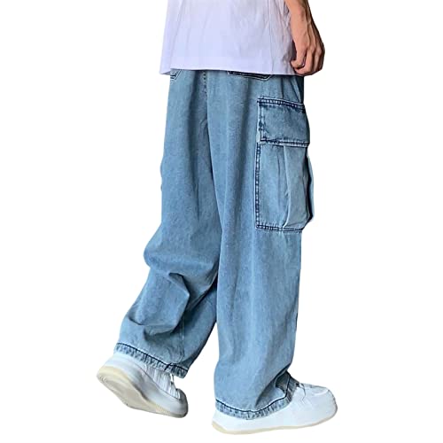 Sawmew Baggy Jeans Y2k Herren Baggy Jeans Herren Hip Hop Jeans Hose Gerade Jeans High Street Streetwear Denim Hose Jungen Hose mit Weitem Bein (Color : Blue, Size : L) von Sawmew