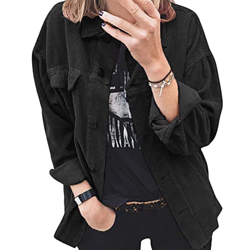 Sawmew Bluse Damen Cordhemd mit Knopfleiste Damen Oversized Langarm Jacke Bluse Tops Cordhemd Cordjacke Damen Oversize Shirt Frauen Hemdjacke aus Cord (Color : Black, Size : 3XL) von Sawmew