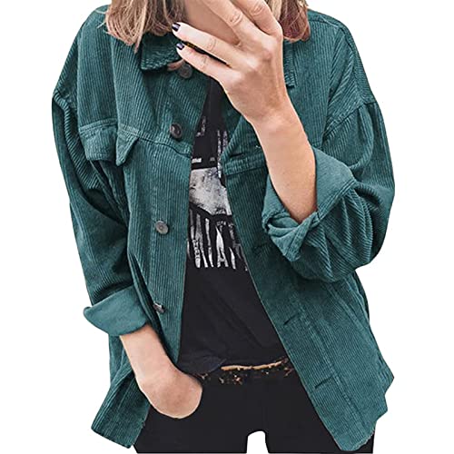 Sawmew Bluse Damen Cordhemd mit Knopfleiste Damen Oversized Langarm Jacke Bluse Tops Cordhemd Cordjacke Damen Oversize Shirt Frauen Hemdjacke aus Cord (Color : Green, Size : M) von Sawmew