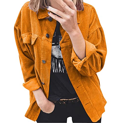 Sawmew Bluse Damen Cordhemd mit Knopfleiste Damen Oversized Langarm Jacke Bluse Tops Cordhemd Cordjacke Damen Oversize Shirt Frauen Hemdjacke aus Cord (Color : Yellow, Size : S) von Sawmew