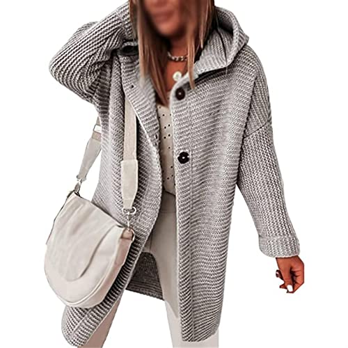 Sawmew Cardigan Damen Lang Strickjacke Strickmantel Langarm Strickpullover mit Kapuze Outwear Jacke mit Taschen Herbst Winter (Color : Grey, Size : XL) von Sawmew