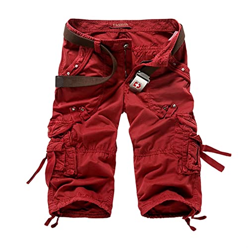 Sawmew Cargo-Shorts Herren Casual Workout Military Herren-Shorts Multi-Pocket Wadenlang Kurze Hose Herren (Color : Red, Size : 42) von Sawmew