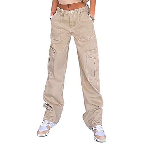 Sawmew Cargohose Damen, Low Rise Baggy Cargohose für Damen, Parachute Pants Cargo Jeans Jogger Straight Y2K Hose (Color : Khaki, Size : S) von Sawmew