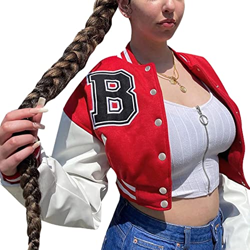 Sawmew Damen-Baseballjacke, Varsity-Jacke Kurzer Bombermantel Y2K Streetwear S-L (Color : Red, Size : L) von Sawmew