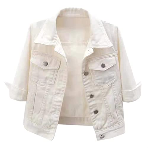 Sawmew Damen Cropped Jeansjacke Damen Button Down 3/4 Ärmel Basic Classic Stretch Jeansjacke Boyfriend Jeansjacken mit Taschen (Color : White, Size : XXL) von Sawmew