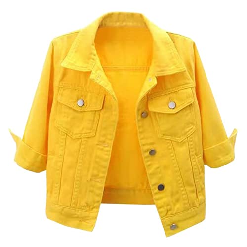 Sawmew Damen-Jeansjacke mit 3/4-Ärmeln und Knöpfen Lässiger Basic-Crop-Jeans-Trucker-Mantel (Color : Yellow, Size : 5XL) von Sawmew