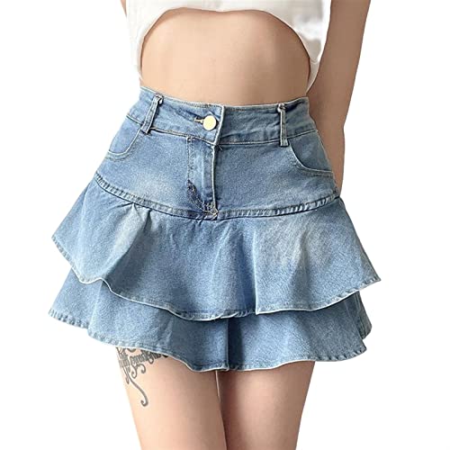 Sawmew Damen Jeansrock E-Girl Y2K Gefaltete Röcke mit Zip Tasche Minirock Rüsche High Waist Sommerrock Freizeitrock Minikleid Hemdkleid Dress Skirts Sport Skater Tennis Schule von Sawmew