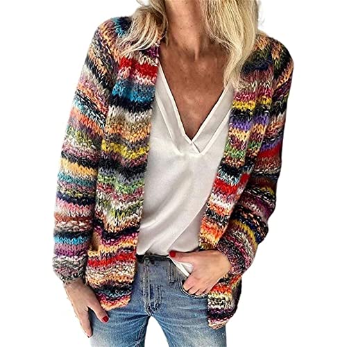 Sawmew Damen Regenbogen Strickjacke, Mehrfarbig Gestreift Gestrickt, Lässig, Langärmelig Bunte Pullover, Strickwaren Oberteile Vorne Offen Lockere Jacke, Outwear für Herbst, Winter, Frühling von Sawmew