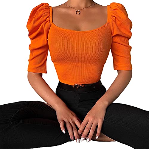 Sawmew Damen T-Shirt Kurzarm Rundhals Modischer Pullover Puffärmel Casual Tops Bluse Einfarbig Kurzärmeliges (Color : Orange, Size : M) von Sawmew