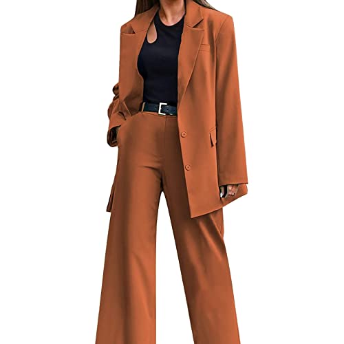 Sawmew Damen Zweiteiliger Anzug Set Revers Büro Business Formal Blazer Langarm Anzugjacke Hosenanzug Slim Fit Hose 2 Stück (Color : Coffee, Size : S) von Sawmew