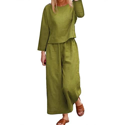 Sawmew Hausanzug Damen Baumwolle Leinen Elegant Bekleidungsset Frauen Zweiteilig Anzug Langarm Oberteile und Hose (Color : Green, Size : XL) von Sawmew