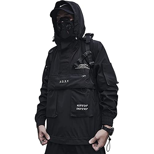 Sawmew Herbst Techwear Jacke Schwarz Mode Kleidung Kleidung Harajuku Streetwear Windjacke Slim Fit Darkwear Mit Kapuze Coaps Tops Herren Kleidung Kleidung (Color : Black, Size : L) von Sawmew