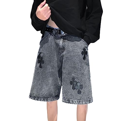 Sawmew Herren Cargo Denim Shorts Relaxed Fit Distressed Jean Shorts Sommer Kurze Y2k Jeans Herren Ästhetische Baggy Hip Hop Shorts (Color : Black, Size : 3XL) von Sawmew