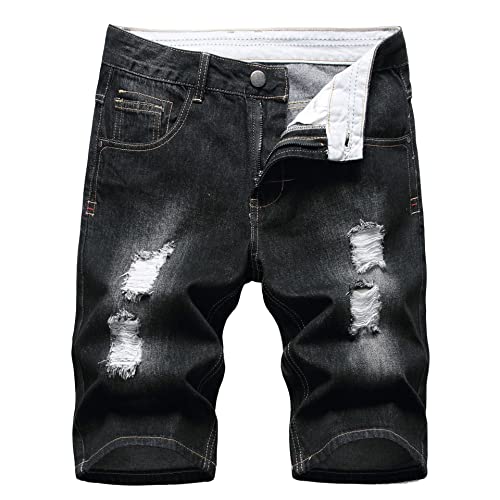 Sawmew Herren Destroyed Denim Jeans Shorts Sommer Ripped Kurze Hose Männer Löcher Kurz Jeanshose Zerrissene Bermuda Stretch Jeanspants (Color : Black, Size : L) von Sawmew