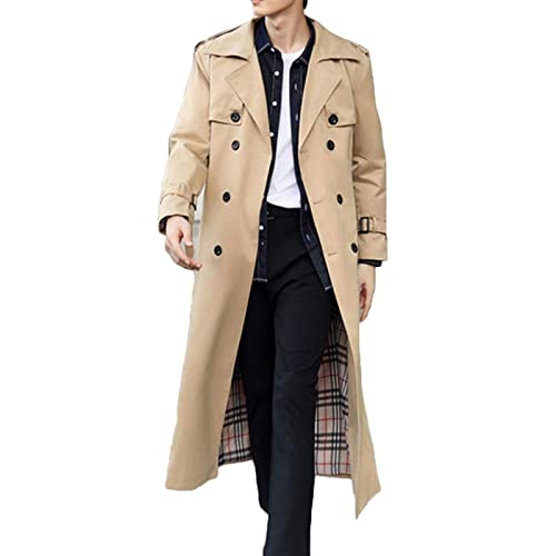 Sawmew Herren Herbst Winter Lange Mantel mit Gürtel Trenchcoat Zweireiher Slim Fit (Color : Khaki Spring, Size : 4XL) von Sawmew