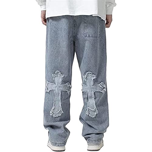 Sawmew Herren Hip Hop Jeans Baggy Straight Leg Gewaschen Jeanshose Casual Denim Hosen Vintage Bedruckte Jeans Teenager Jungen Skateboard Hose Streetwear (Color : Blue, Size : L) von Sawmew