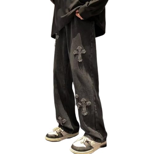 Sawmew Herren Jeanshose, Y2K Streetwear Hose, Bedruckte Baggy Fashion Denim Hose, Entspannte Passform, Gerade Hose, Streetwear (Color : Black, Size : 3XL) von Sawmew