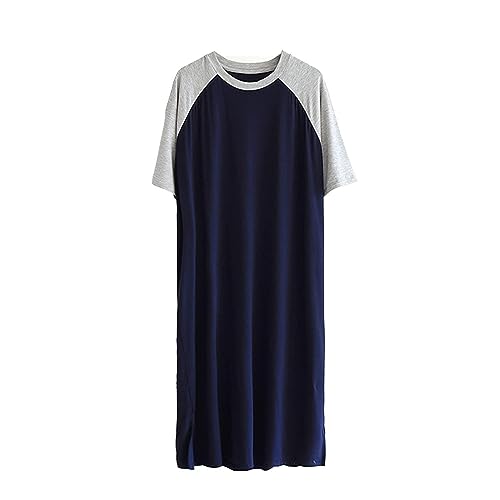 Sawmew Herren Nachthemd Kurzarm Modal Einteiliger Schlafanzug Luftig Lang Nachtwäsche Shirt Praktisch Sleepshirt (Color : Dark Blue, Size : 4XL) von Sawmew