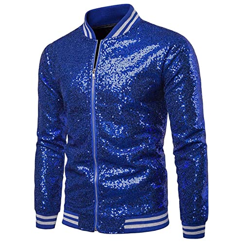 Sawmew Herren-Pailletten-Varsity-Jacke Weihnachtsfeier Disco-Blazer Zauberer-Kostüm Shiny Sparkly Glitter Bomber Jacket (Color : Blue, Size : L) von Sawmew