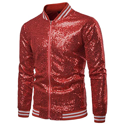 Sawmew Herren-Pailletten-Varsity-Jacke Weihnachtsfeier Disco-Blazer Zauberer-Kostüm Shiny Sparkly Glitter Bomber Jacket (Color : Red, Size : S) von Sawmew