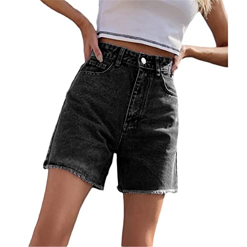 Sawmew Jeans Shorts Damen High Waist Straight Leg Bermuda Shorts Jeanshosen Kurz Denim Jeans Boyfriend Jeansshorts Sommer Baggy Hotpants Shorts mit Quaste (Color : Black, Size : L) von Sawmew