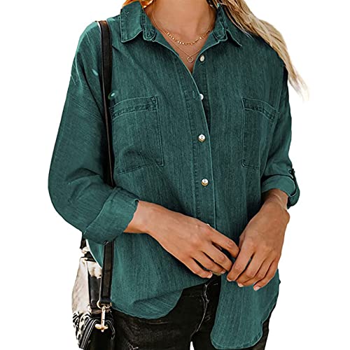 Sawmew Jeanshemd Damen Langarm Button Down Jeansbluse Mode Frühling Herbst Leicht Jeansjacke mit Taschen (Color : Dark Green, Size : XXL) von Sawmew