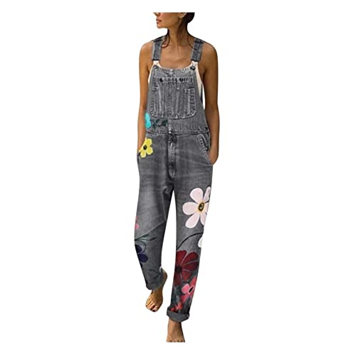 Sawmew Jeanslatzhose Damen Latzhose Jeans Hose Vintage Loose fit Jumpsuit Overall Blumen Denim Playsuit Romper (Color : Grey, Size : 5XL) von Sawmew