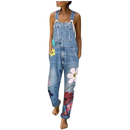 Sawmew Jeanslatzhose Damen Latzhose Jeans Hose Vintage Loose fit Jumpsuit Overall Blumen Denim Playsuit Romper (Color : Light Blue, Size : 5XL) von Sawmew
