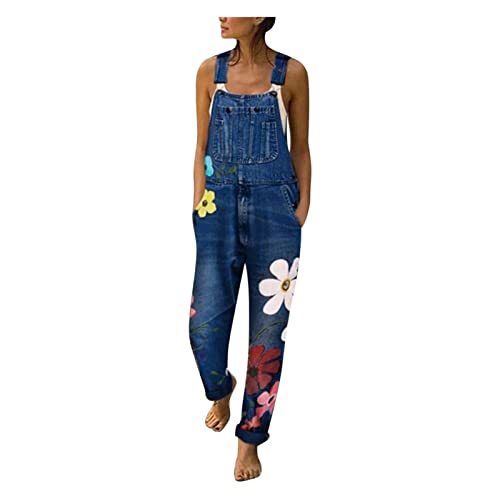 Sawmew Jeanslatzhose Damen Latzhose Jeans Hose Vintage Loose fit Jumpsuit Overall Blumen Denim Playsuit Romper (Color : Navy Blue, Size : 3XL) von Sawmew
