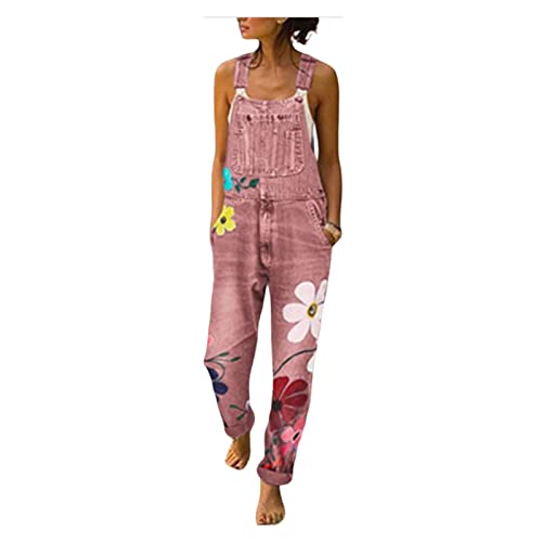Sawmew Jeanslatzhose Damen Latzhose Jeans Hose Vintage Loose fit Jumpsuit Overall Blumen Denim Playsuit Romper (Color : Pink, Size : 4XL) von Sawmew