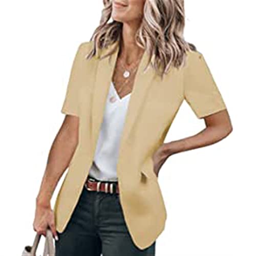 Sawmew Kurze Blazer Jacken für Damen, Lässig, Einfarbig, Kurzärmlig, Vorne Offen, Büro-Blazer mit Taschen (Color : Apricot, Size : S) von Sawmew
